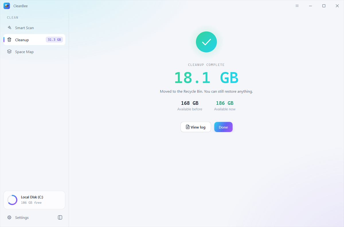 Cleanup complete: 18.1 GB moved to the Recycle Bin or Trash, with free space before and after