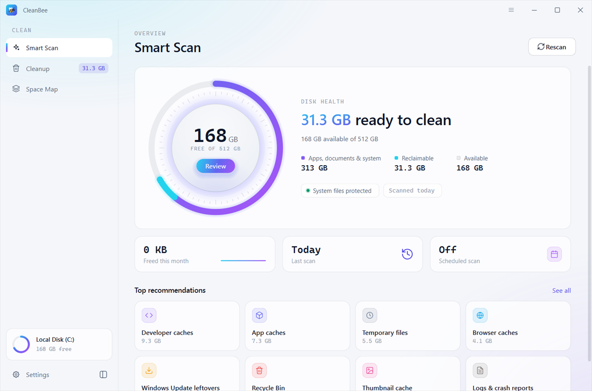 CleanBee Smart Scan showing 31.3 GB ready to clean on a 512 GB disk