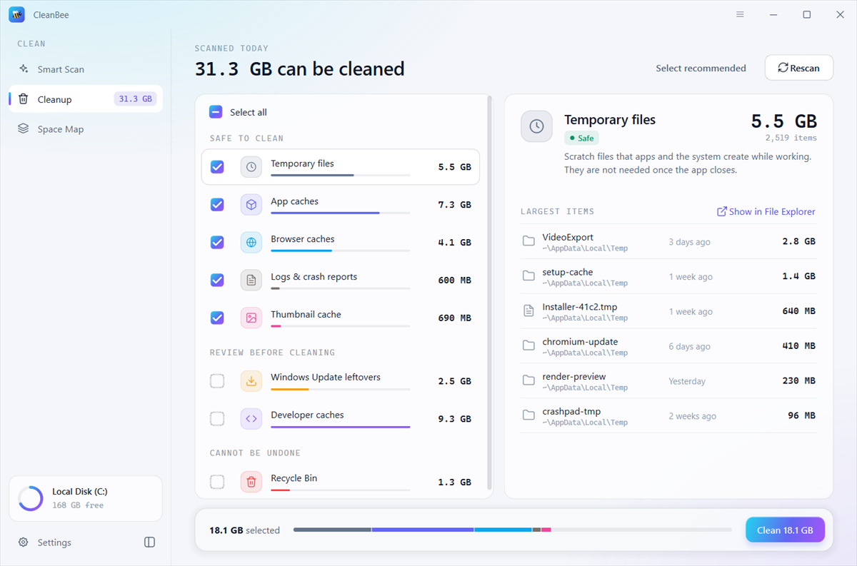 CleanBee listing 31.3 GB to clean, by category, with the largest temporary files