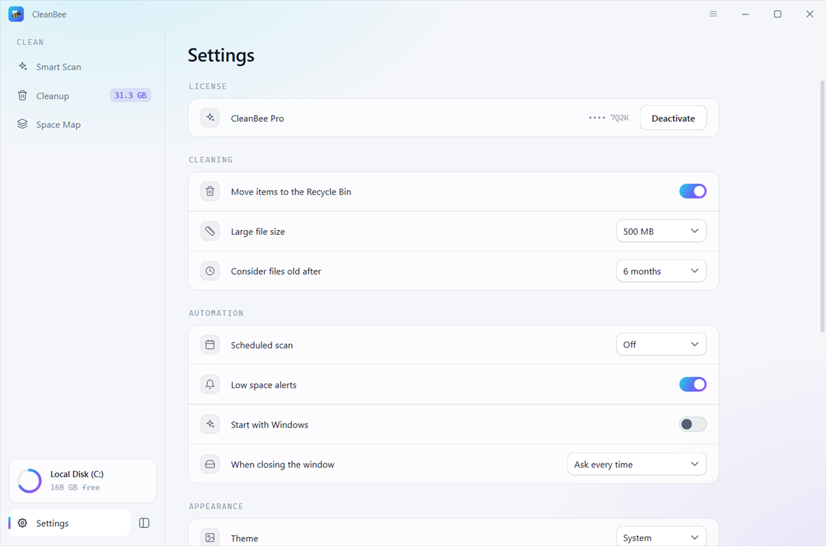 CleanBee Settings: cleaning, scheduled scan, low space alerts and starting at login