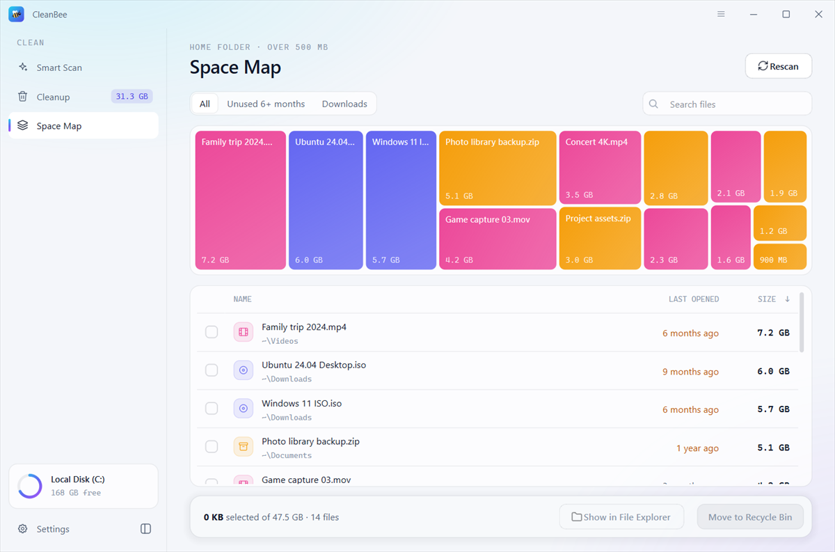Space Map showing the largest files in the home folder as coloured tiles and a list