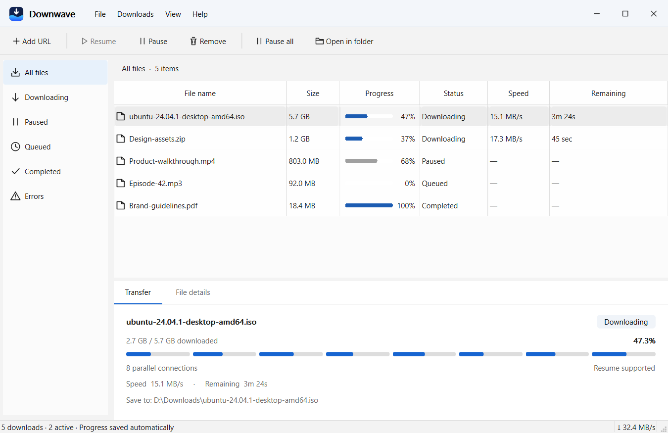 Downwave downloading two files over eight parallel connections each