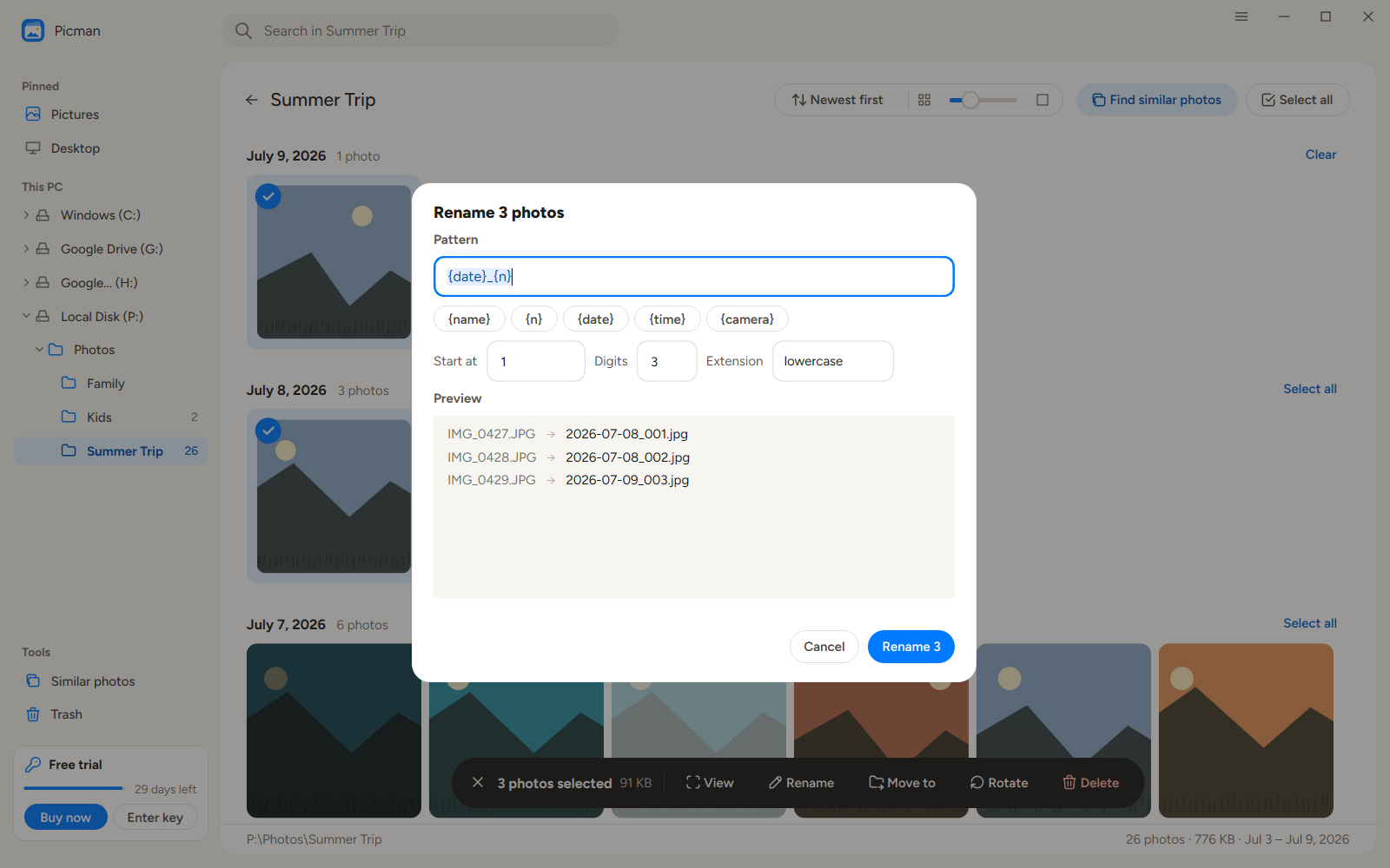 Batch renaming photos with a date and number pattern
