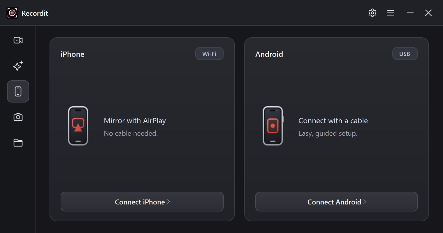 電話頁面Recordit：透過 AirPlay 將 iPhone 螢幕鏡像到桌面，或透過數據線連接安卓手機。