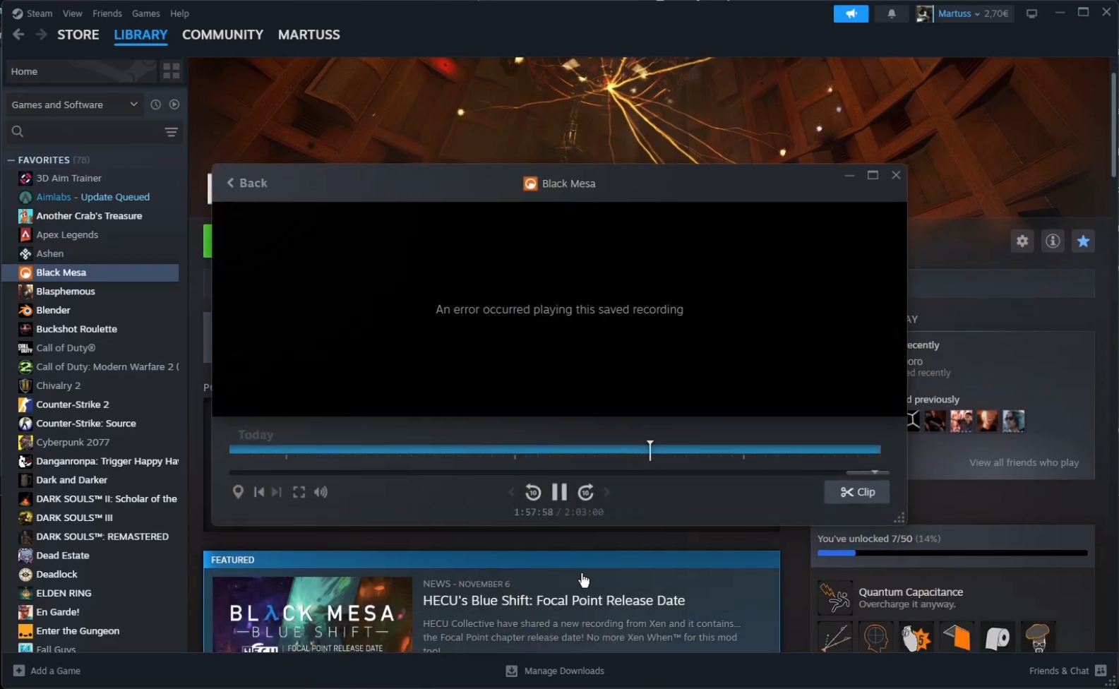 si è verificato un errore durante la riproduzione di questa registrazione salvata su Steam