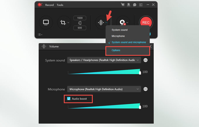 apowerrec システムサウンドとマイクをオンにする