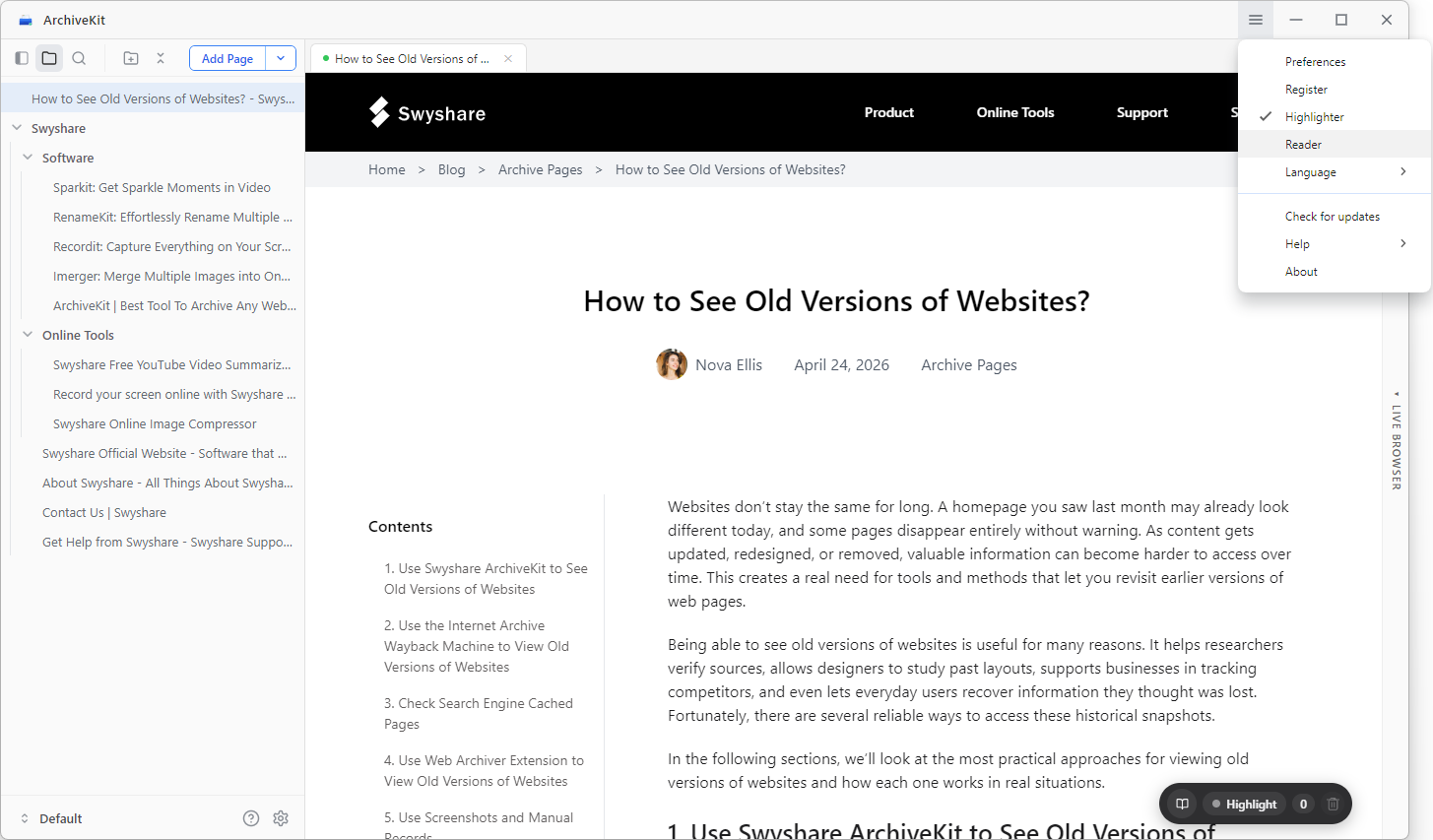 archivekit reader mode