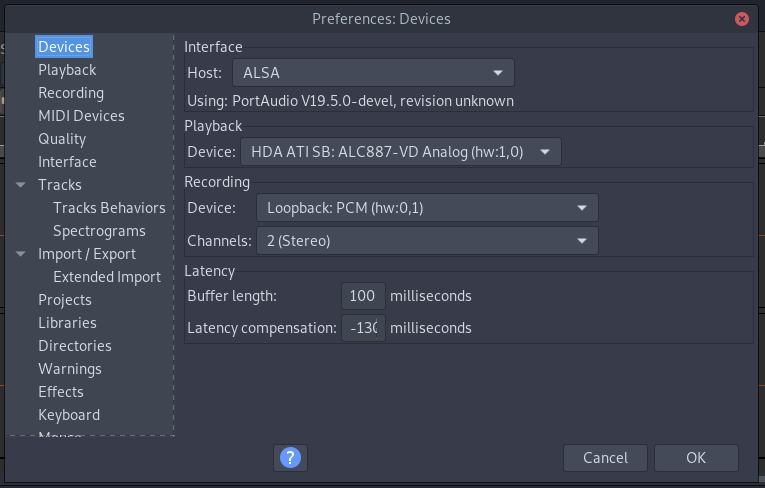 Audacity elige el dispositivo de bucle invertido PulseAudio