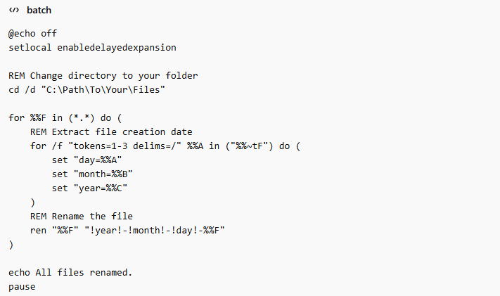 batch script rename files to date