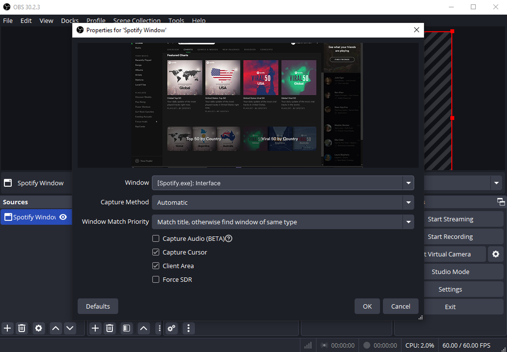 capture the spotify window in obs
