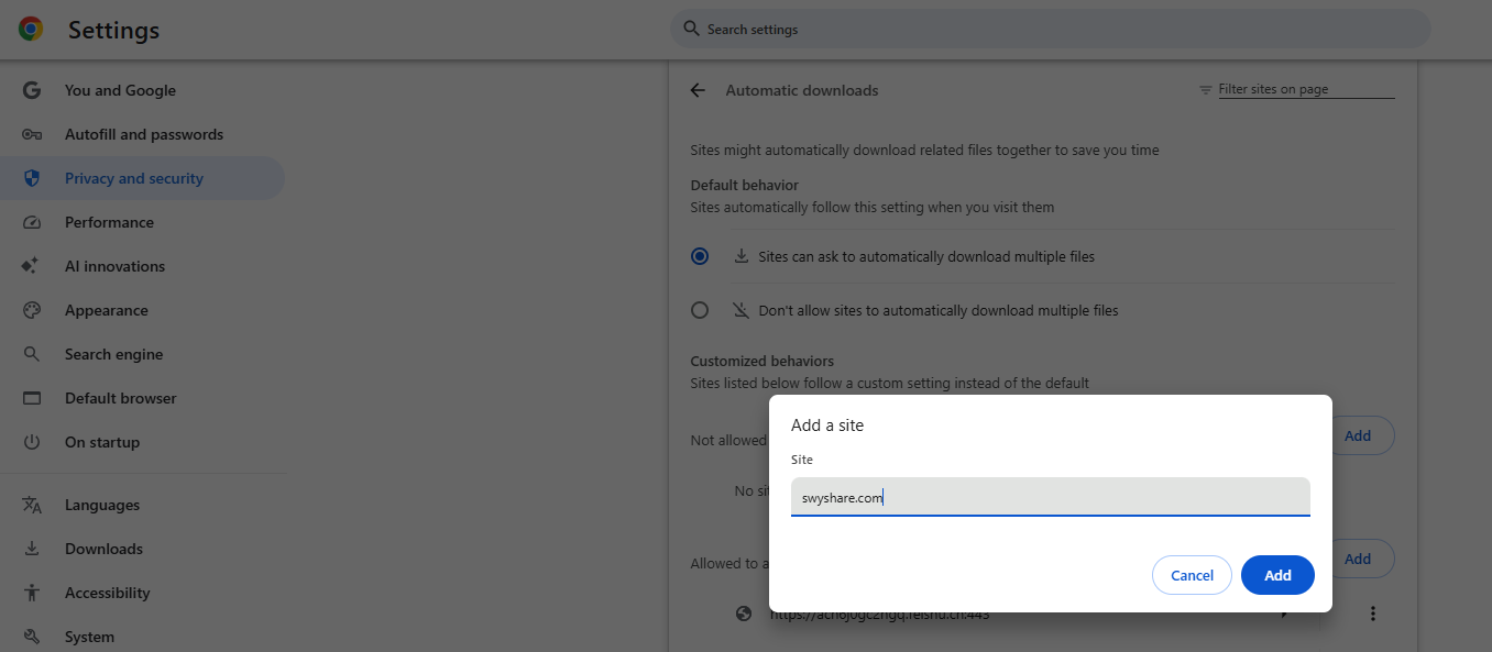 chrome automatic downloads add website