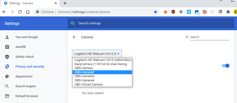 chrome detecta câmera virtual obs