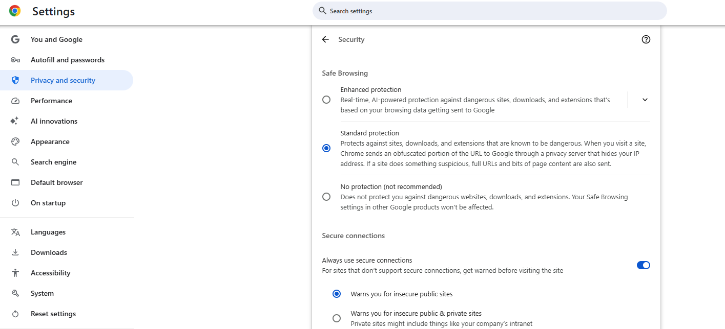 chrome security settings