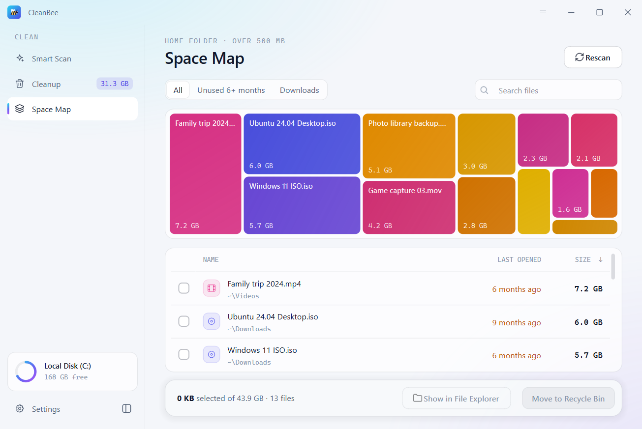cleanbee space map of large files