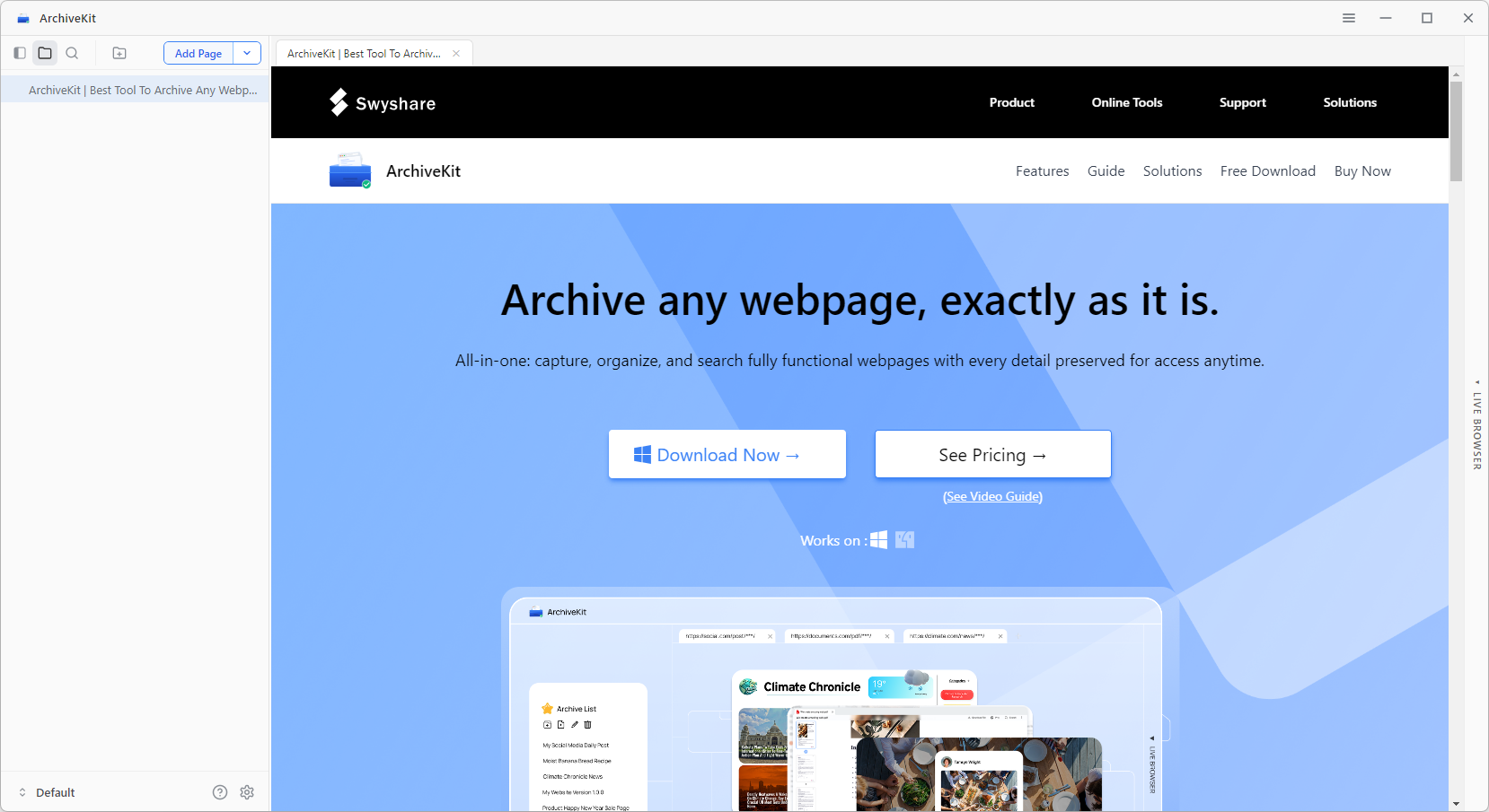 click add page to archive