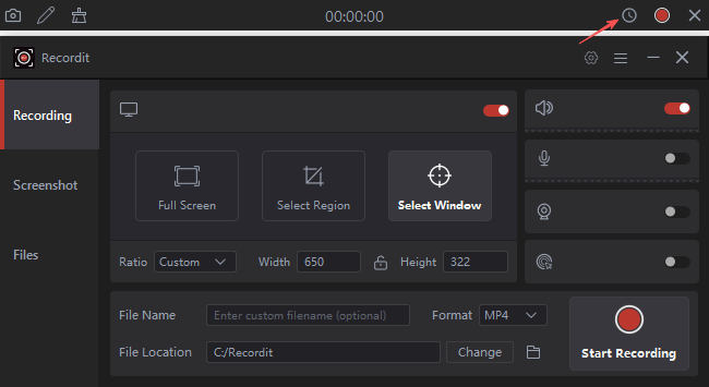 Clique no ícone de agendamento de gravação do RecordIt.