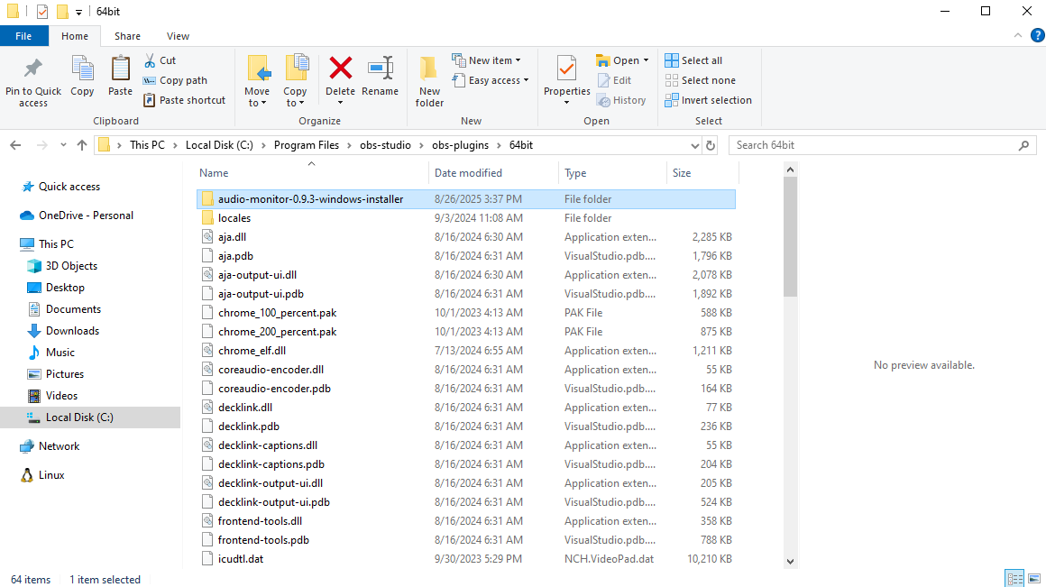 Copiar el archivo extraído a la carpeta del complemento obs