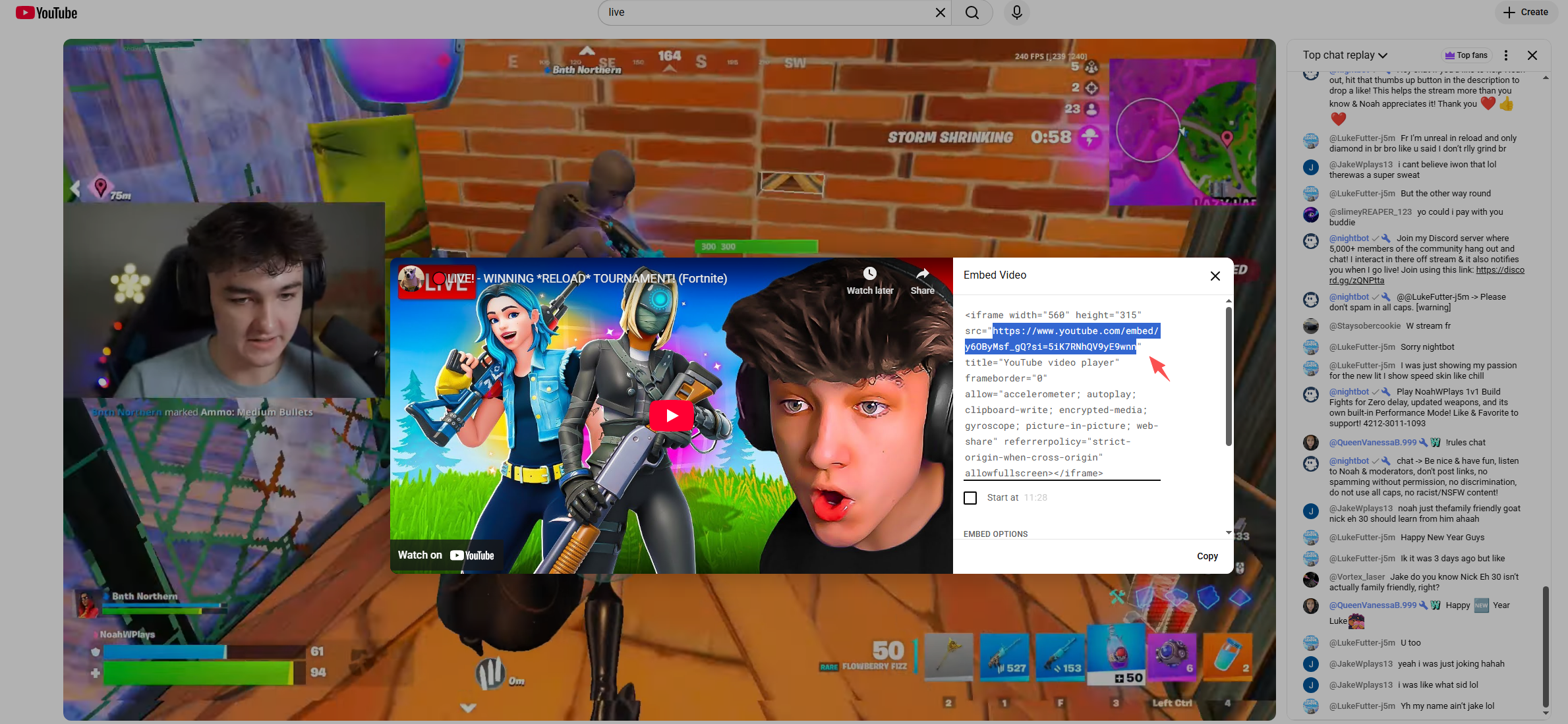 copy youtube live embed url