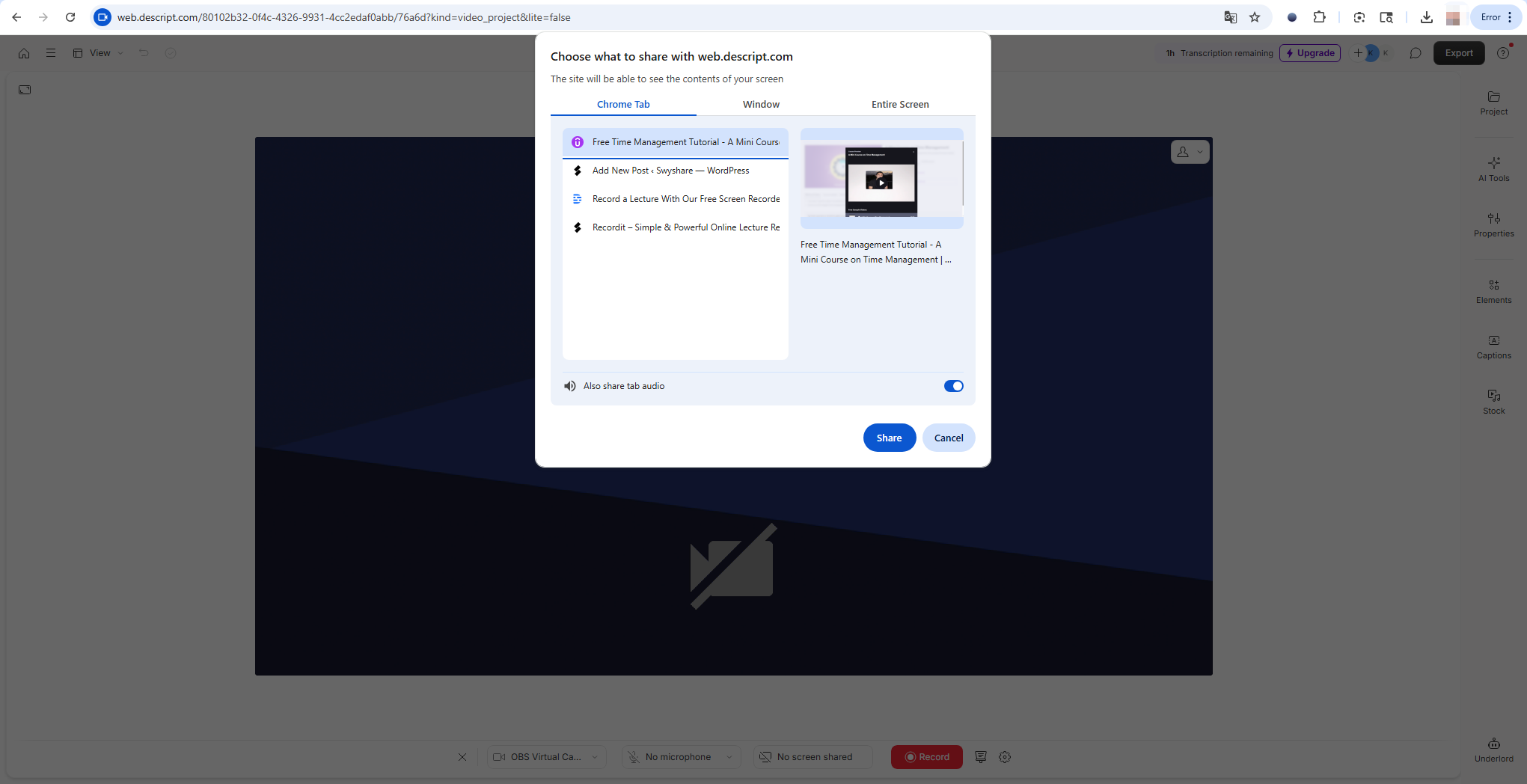 descript choose tab to record