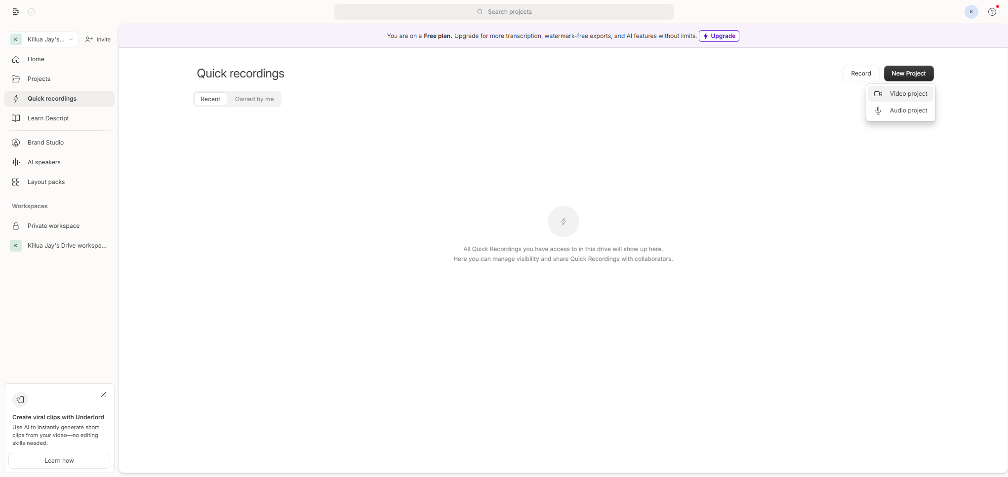 descript create new project