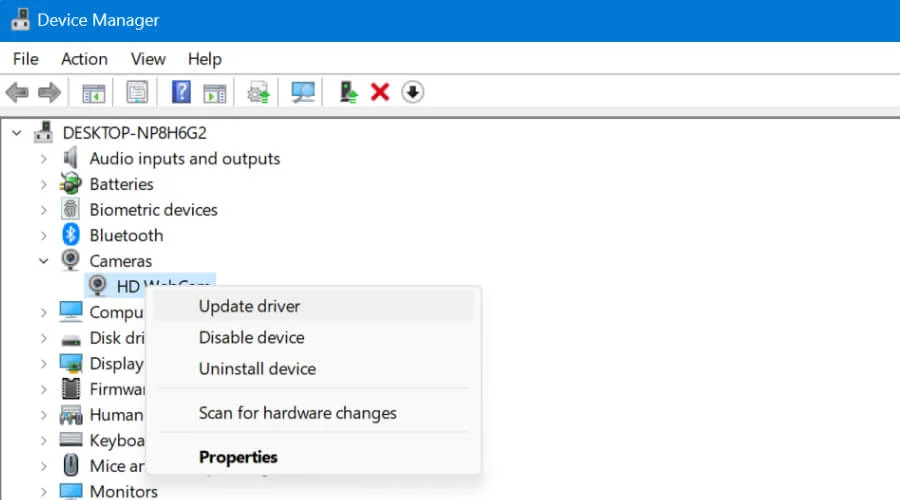 device manager cameras update driver