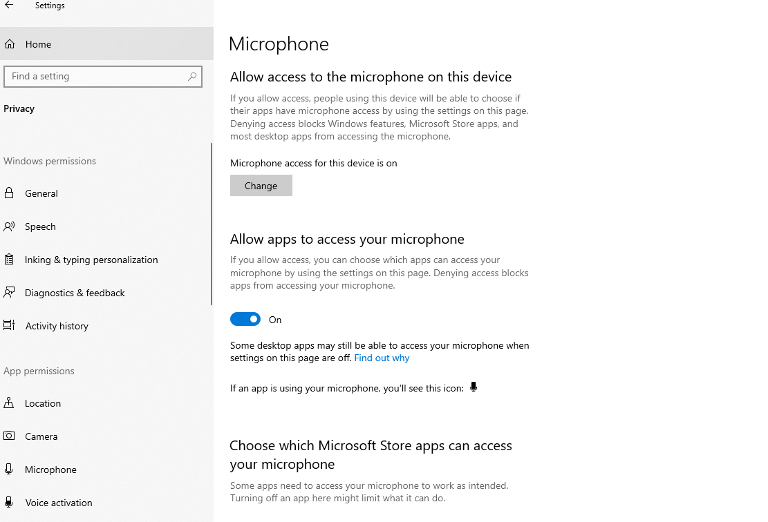 enable windows microphone access
