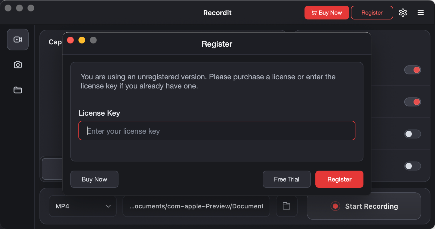 enter recordit key to register