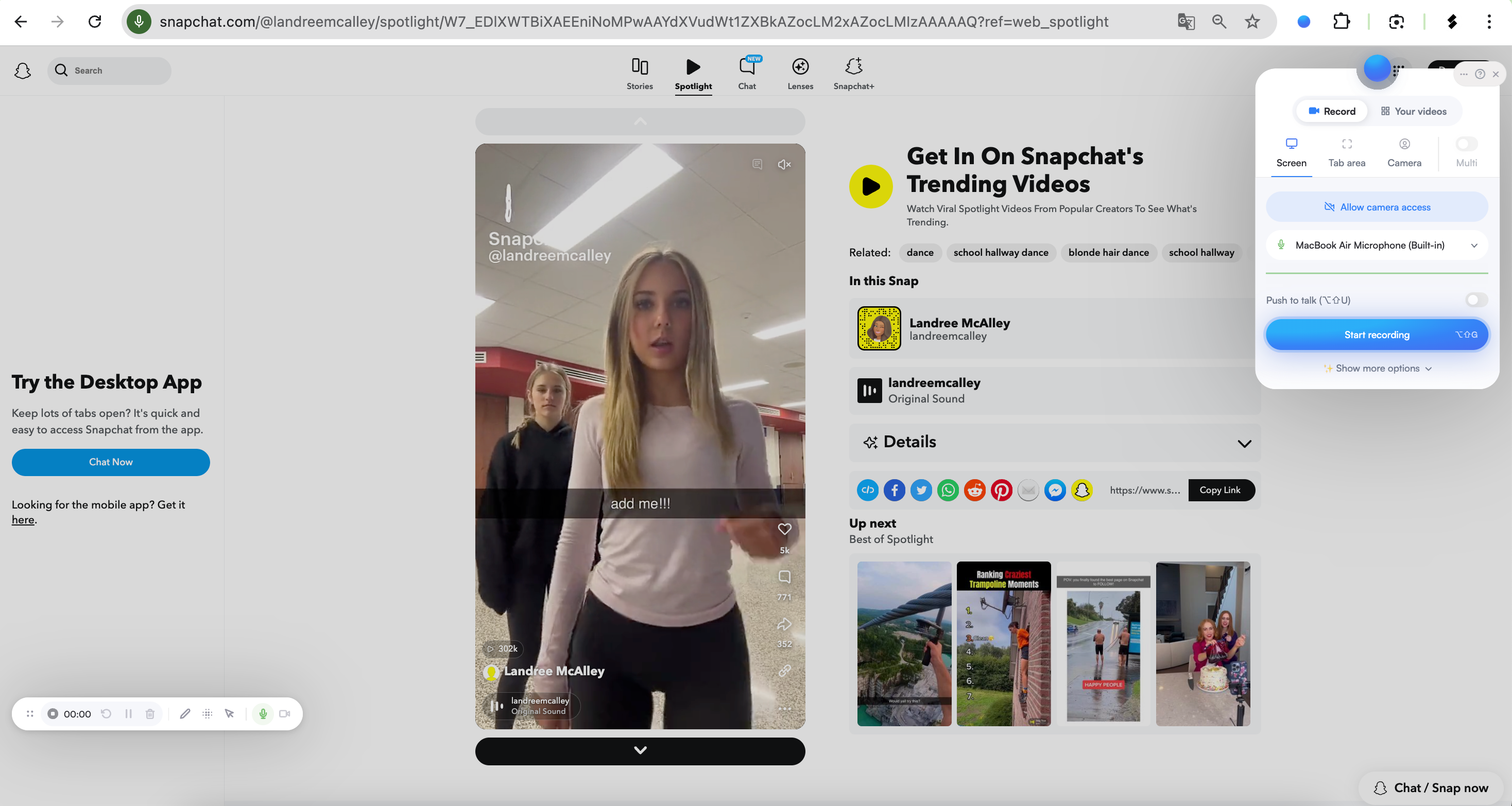extension to record snapchat web video