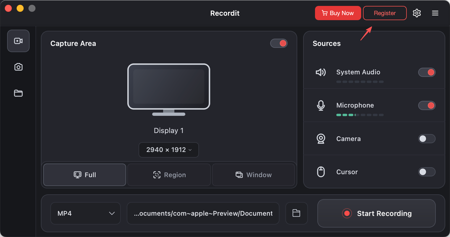 find recordit register button