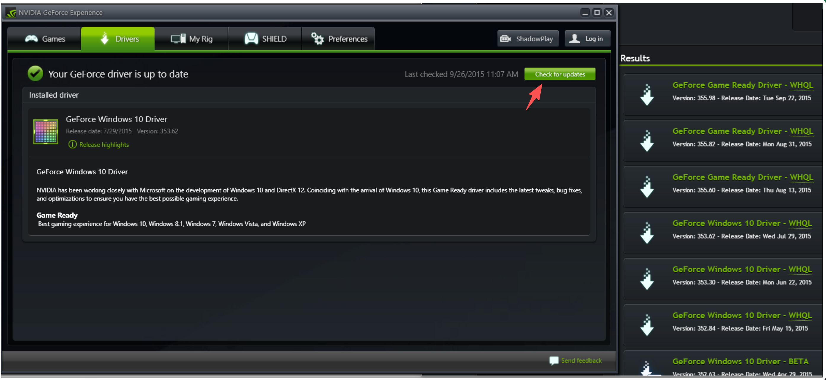 geforce experience drivers check for updates