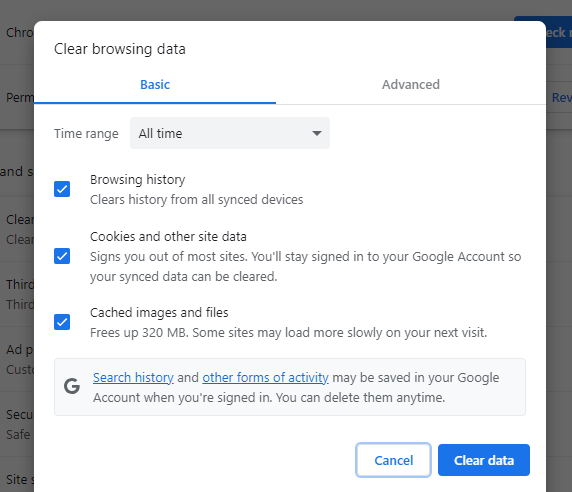 google chrome clear browser cache and cookies