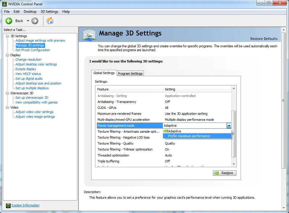 nvidia set power management mode to maximum performance
