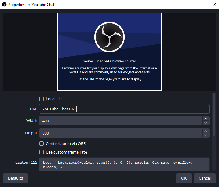 obs browser add youtube chat url