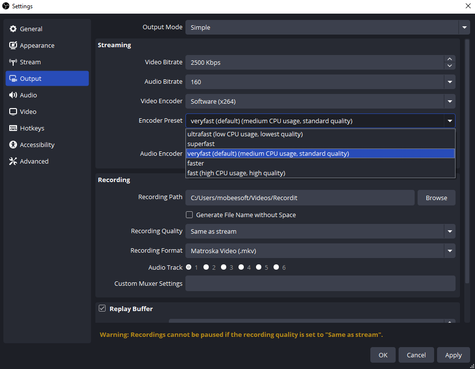 codificador obs preser muito rápido
