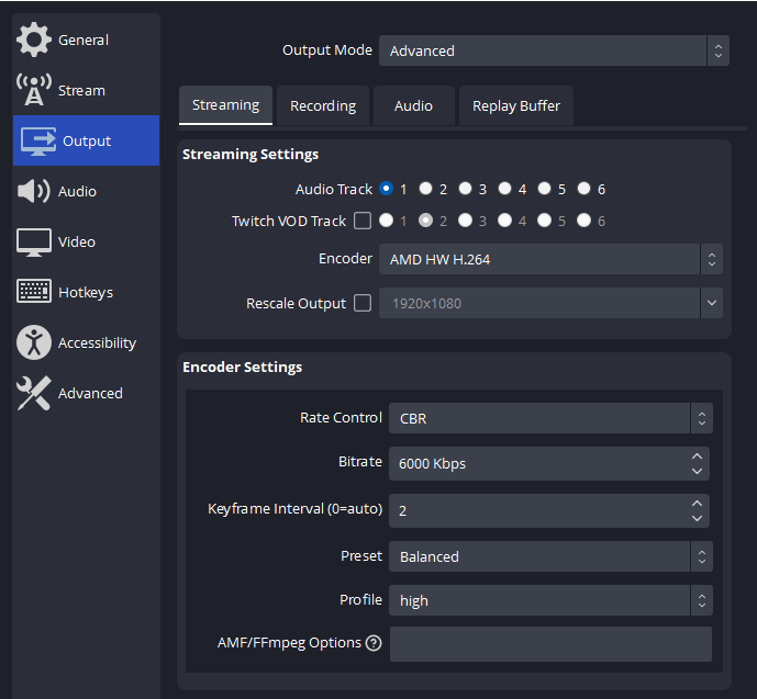 configurações do codificador obs hardware amd