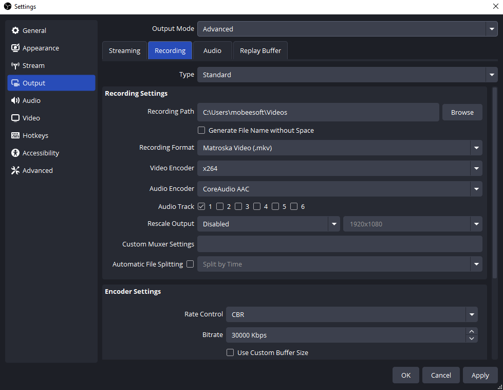 obs setting advanced recording