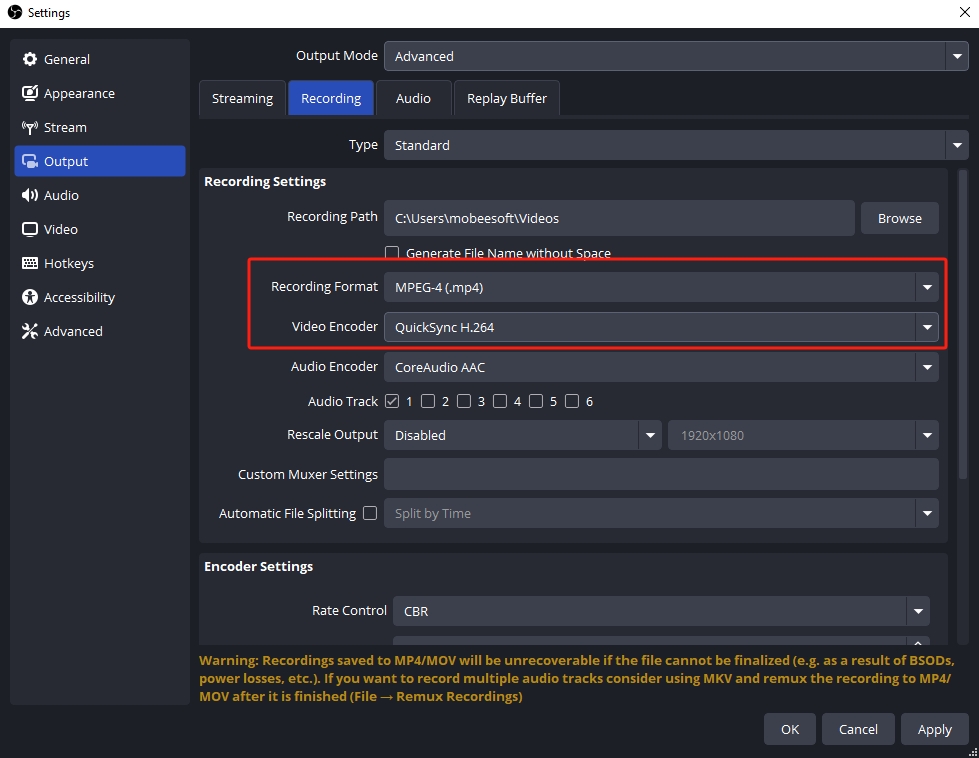 obs use MP4 format with H.264 codec.