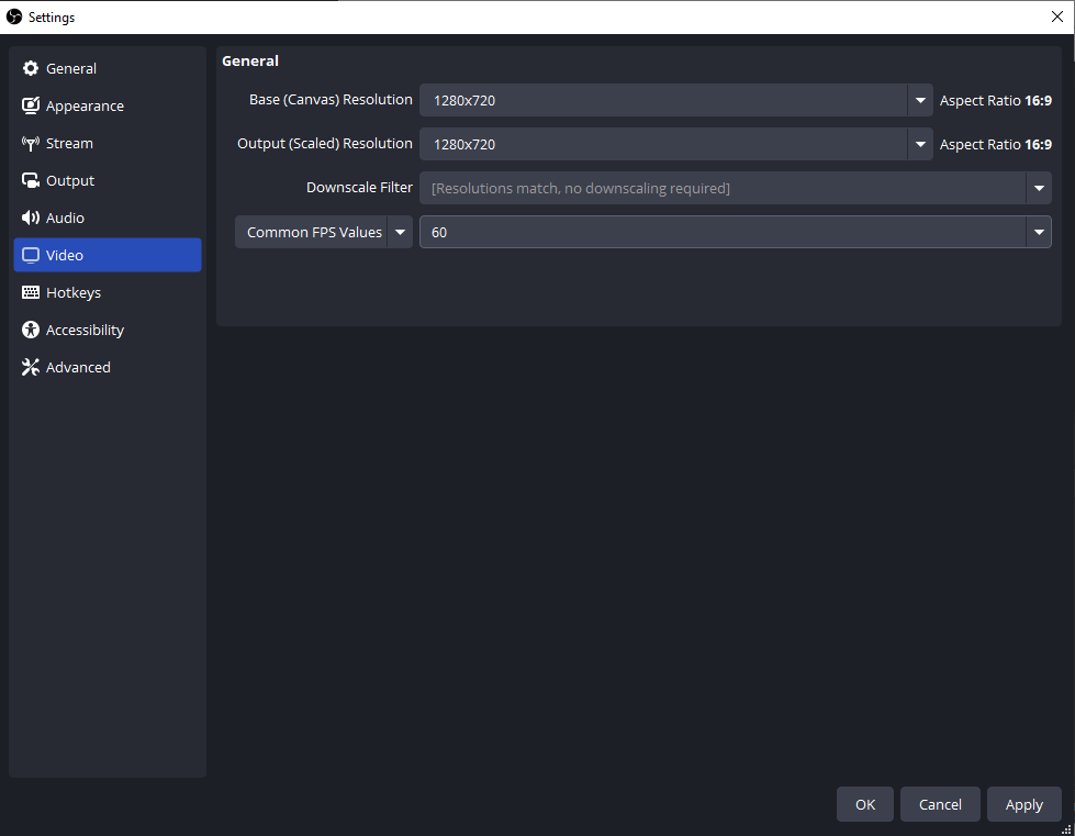 obs video 1280 resolution and 60 fps