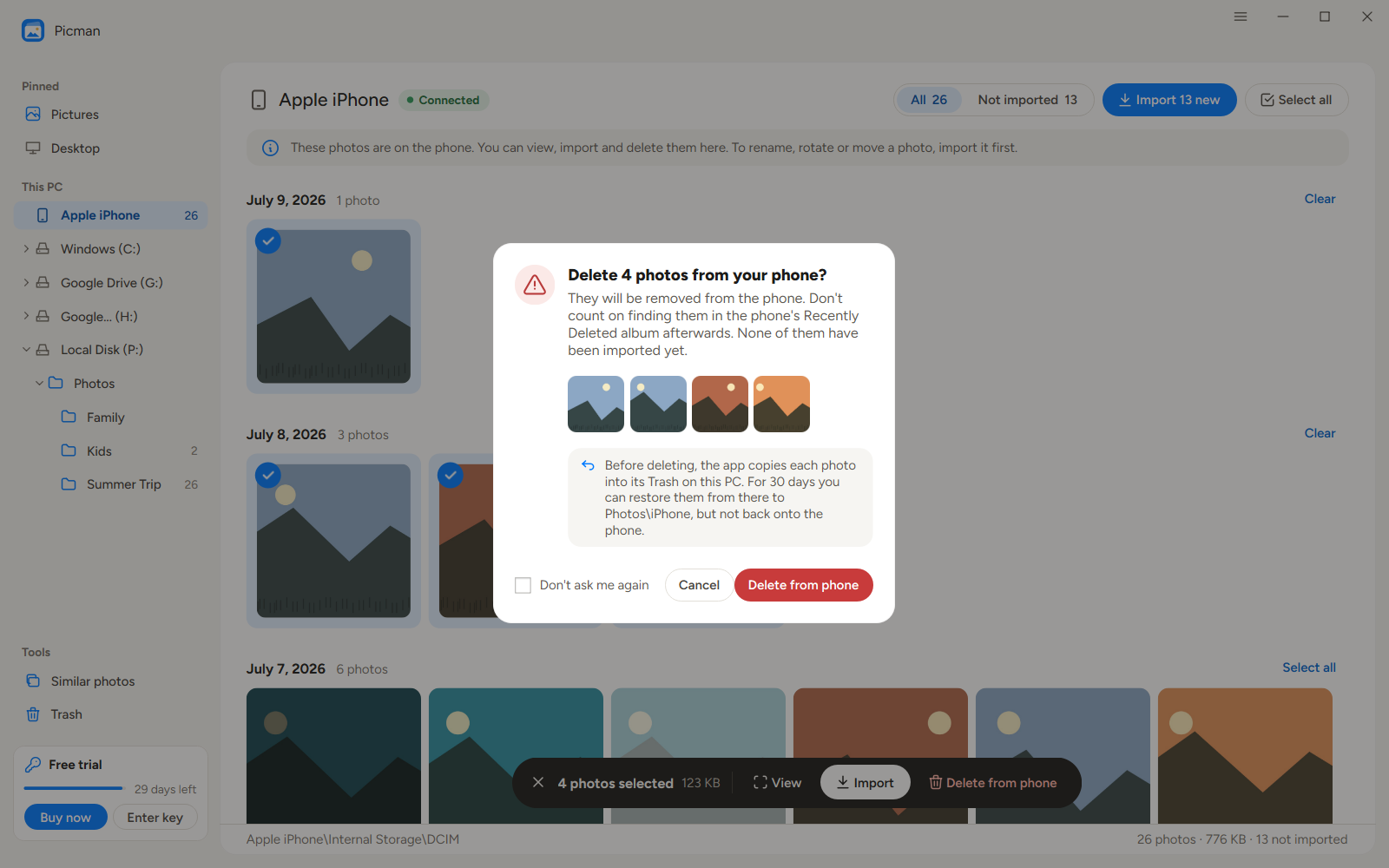 delete photos from iphone on pc with picman