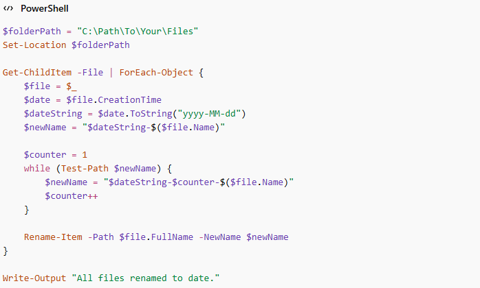 powershell script rename files to date