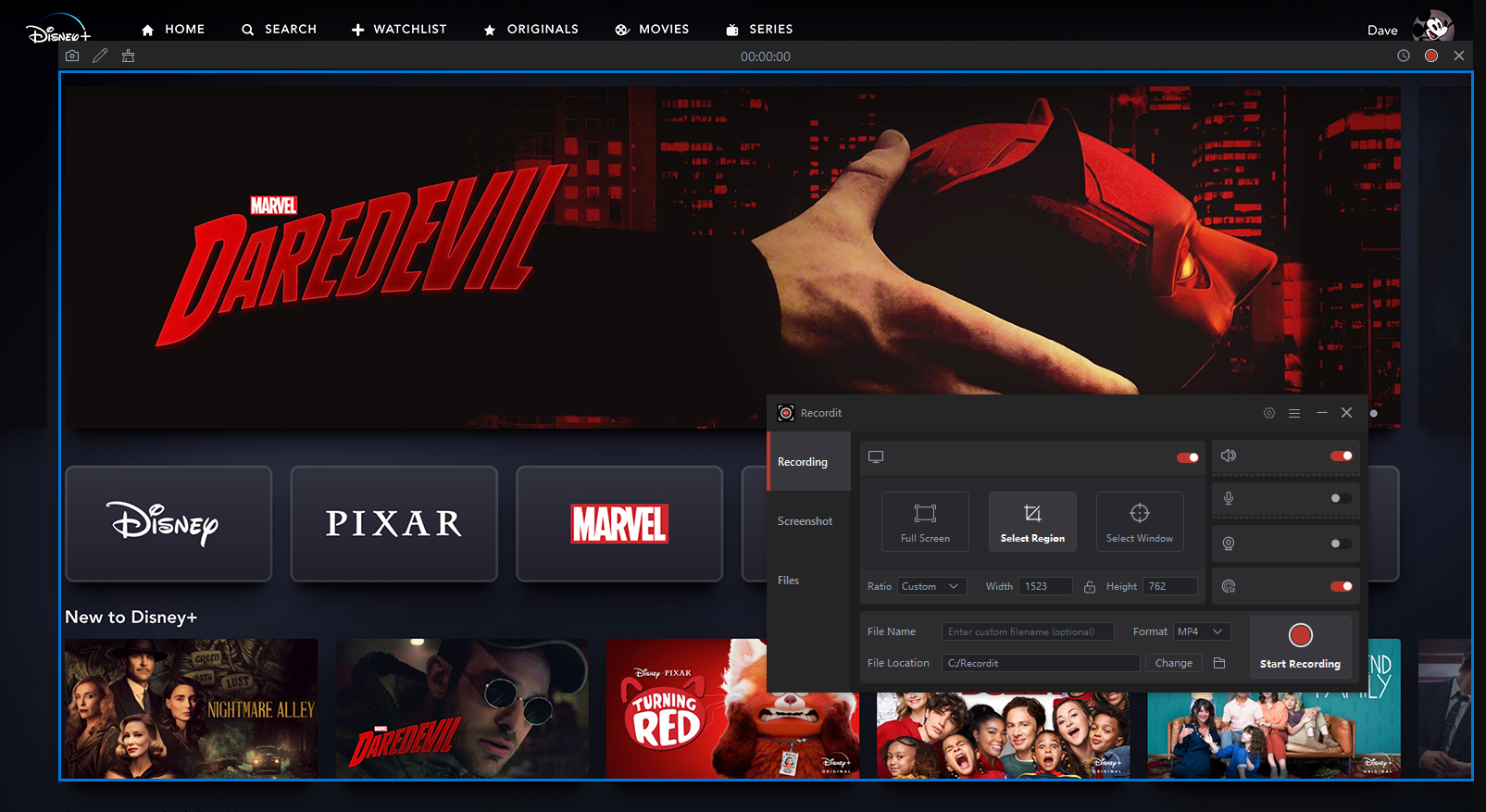 запись видео Disney Plus