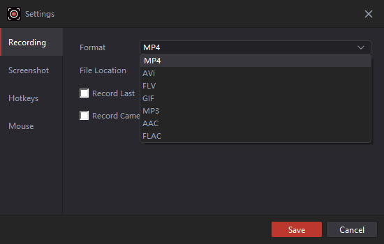 formato e localização de saída do recordit