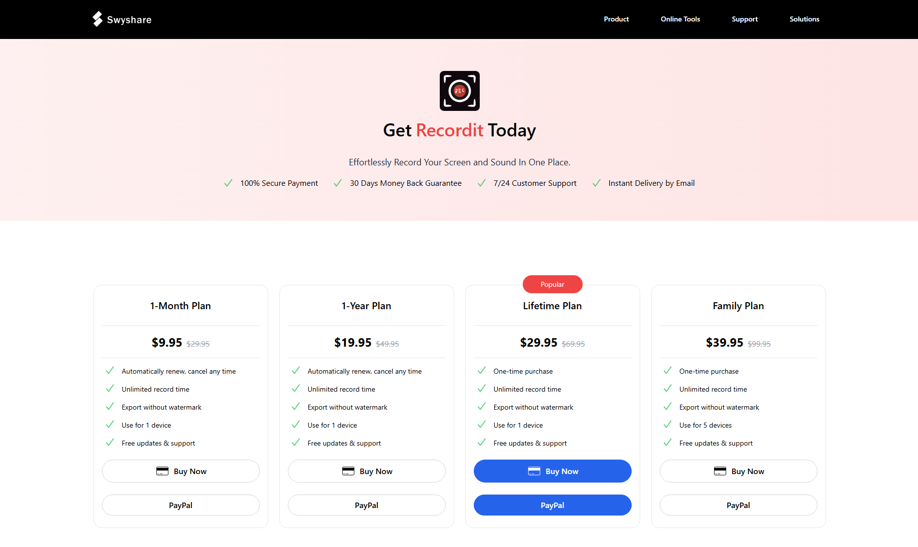 Página de preços do Recordit