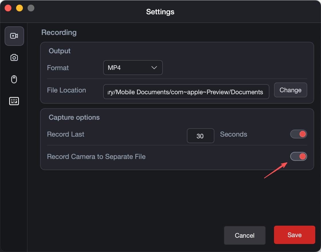 recordit record camera as seperate file
