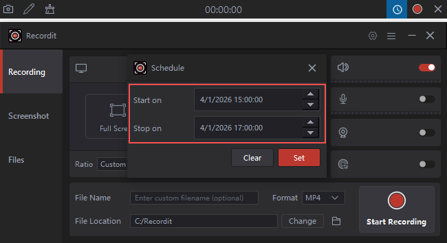 O Recordit define os horários de início e término da gravação.