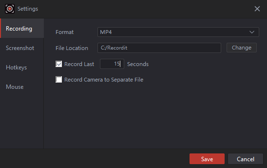 Configurações do RecordIt: gravar os últimos segundos