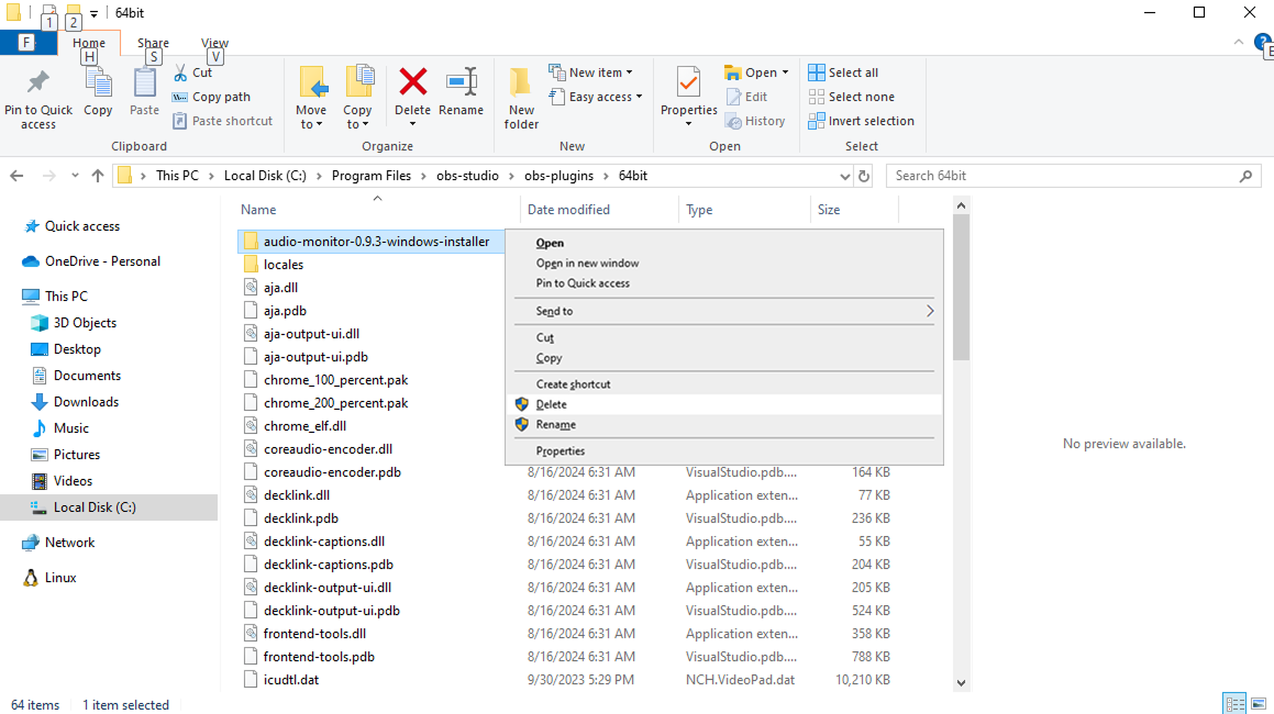 eliminar el complemento obs