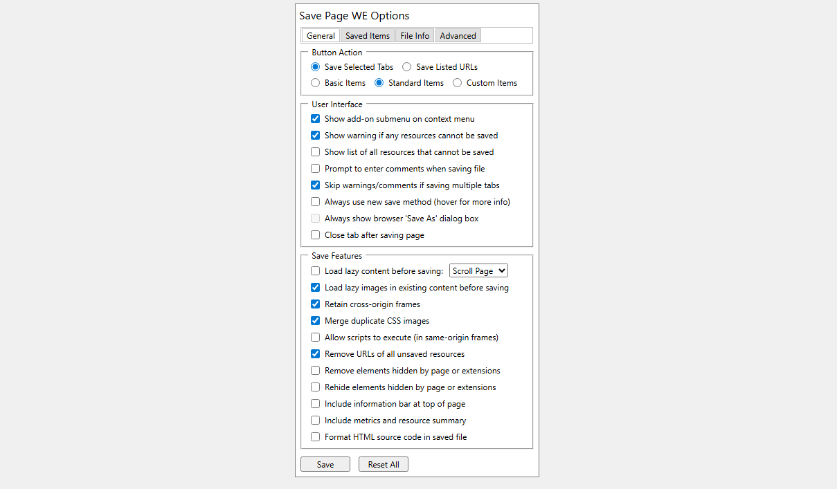 save page we options