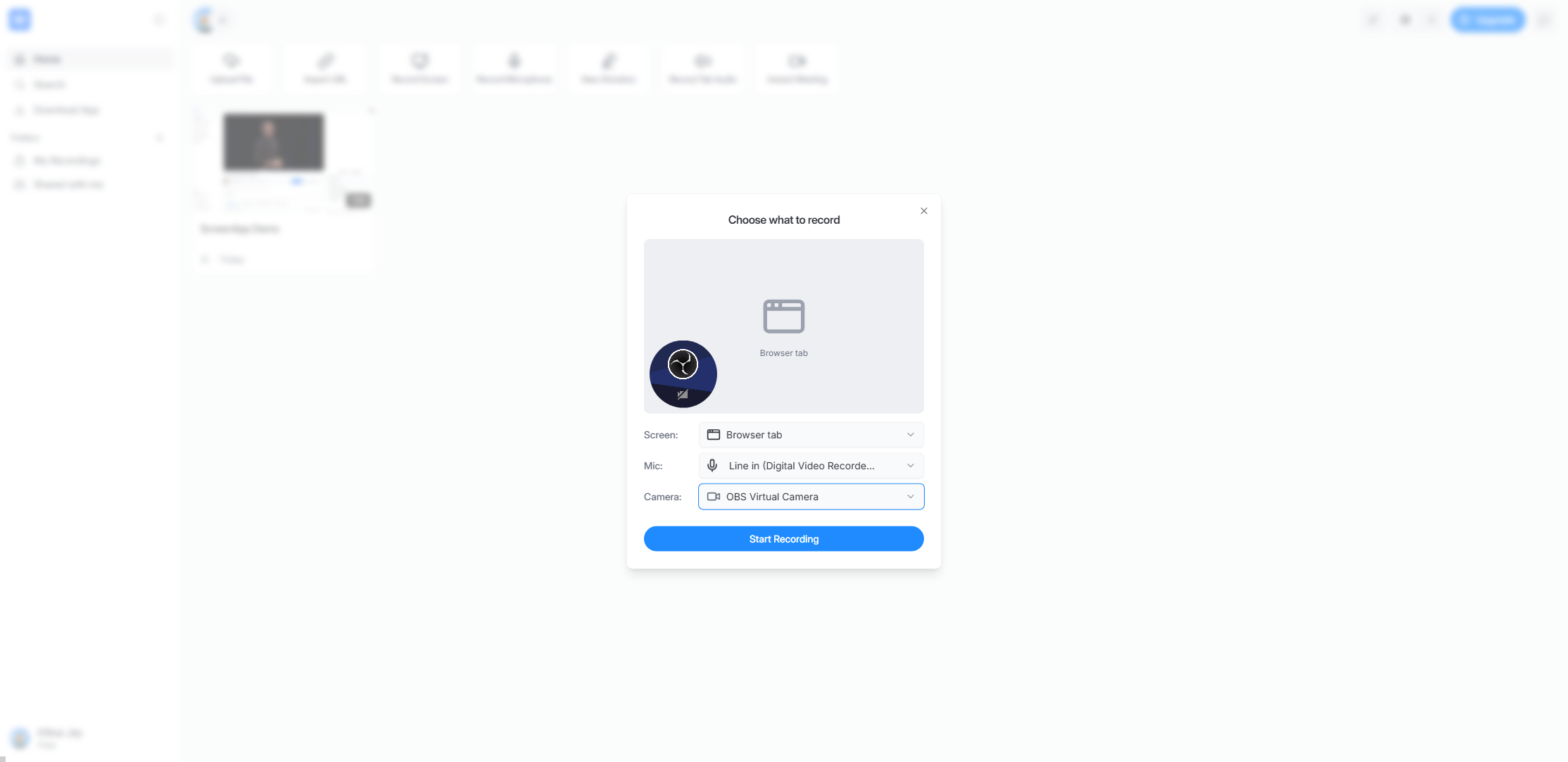 screenapp set record area microphone and camera