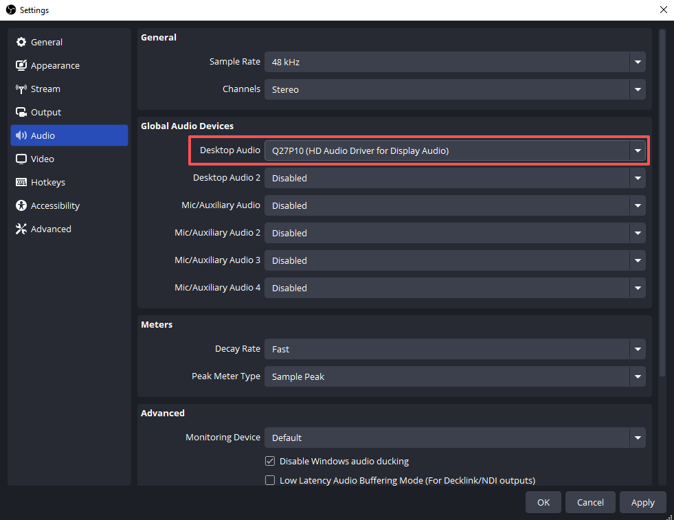 Establecer audio de escritorio de obs
